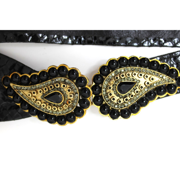 Vintage 80s Morris Moskowitz Black Snake Skin Wide Leather Belt & Buckle M main image 10